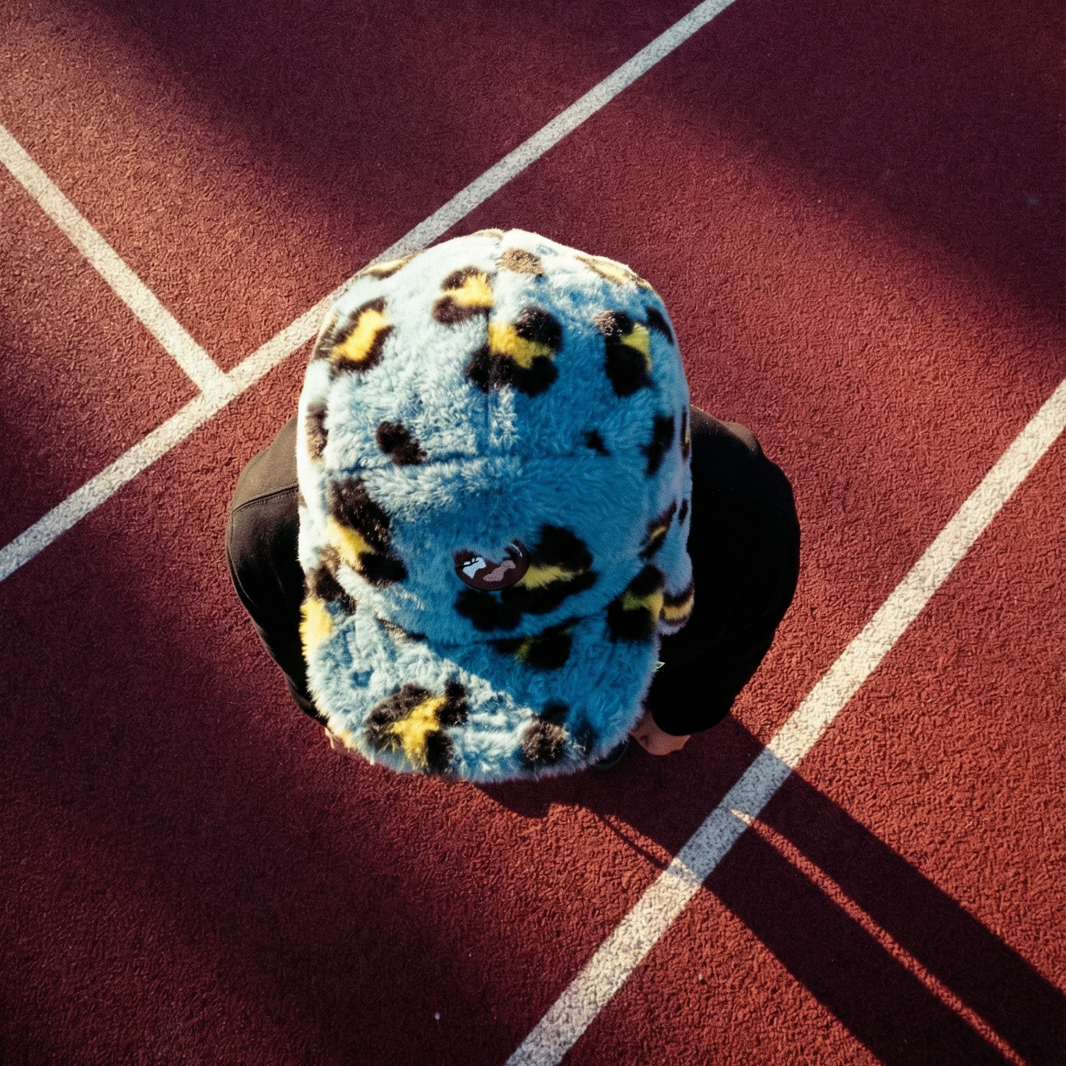 Blue plush hat with yellow patterns on a red track