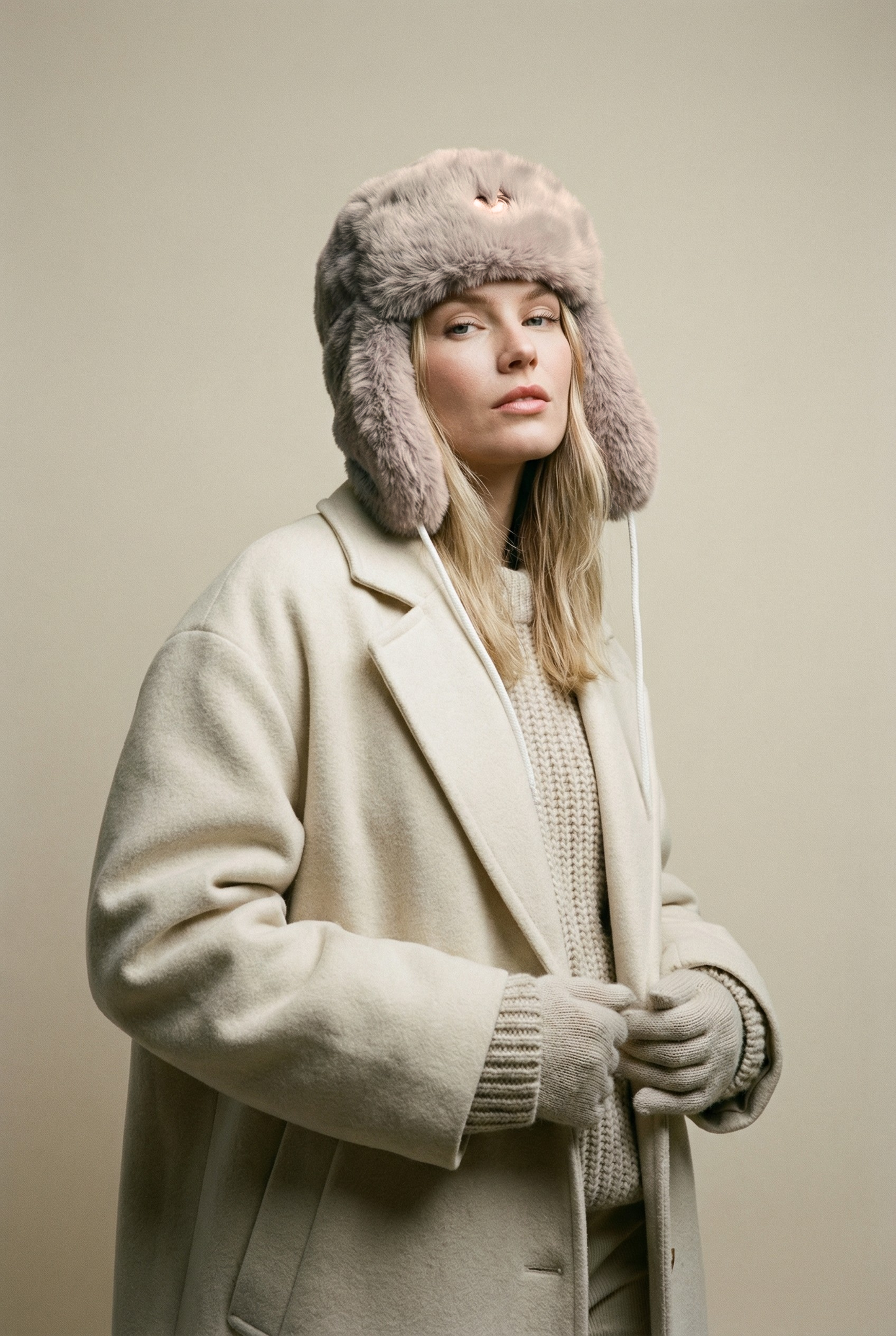 Woman wearing a fur hat and beige coat against a plain background