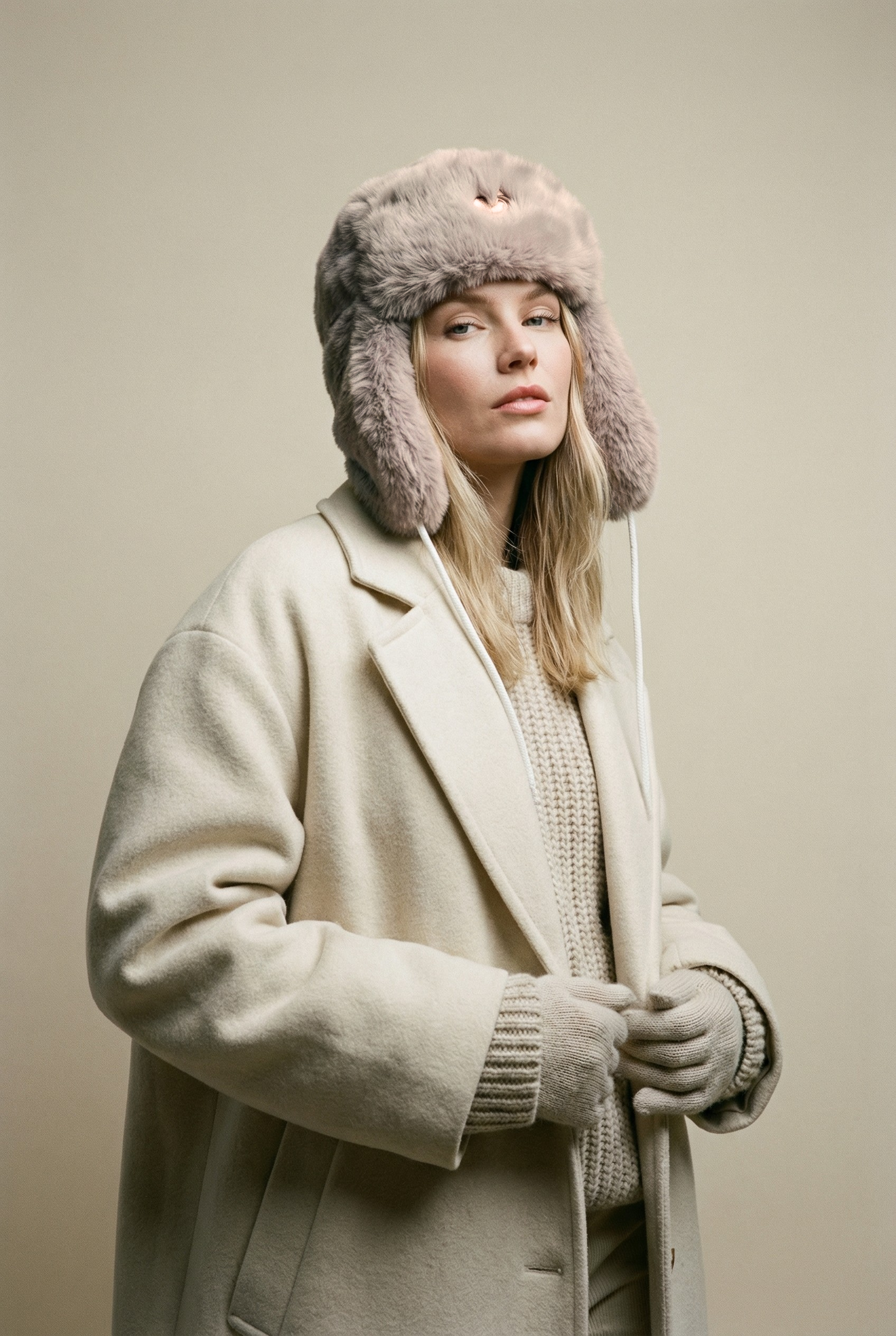 Woman wearing a fur hat and beige coat against a plain background